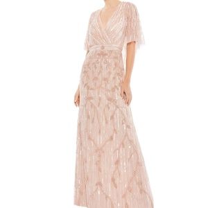 NWT Mac Duggal 9064 Embellished Cap Sleeve Faux Wrap Trumpet Gown Blush Size 14